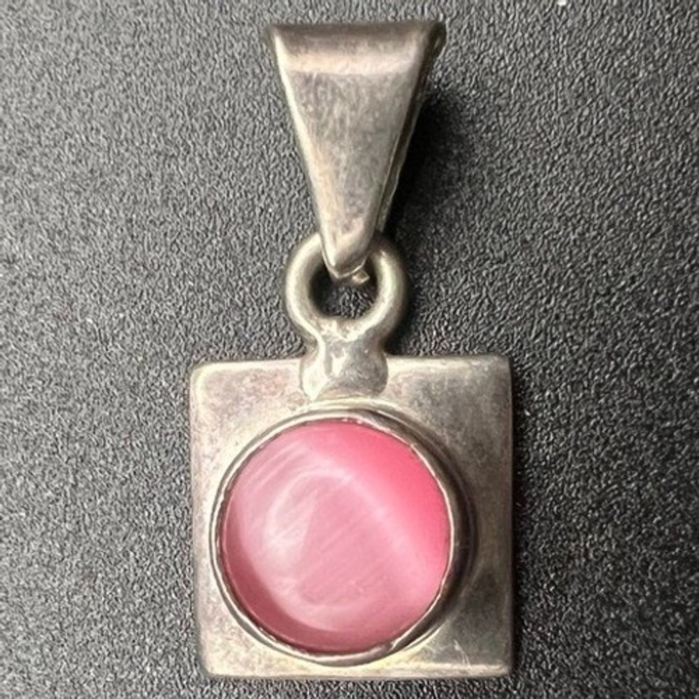 Vintage Mexico Sterling Silver Pendant Pink Cats Eye 1 In 6.25g